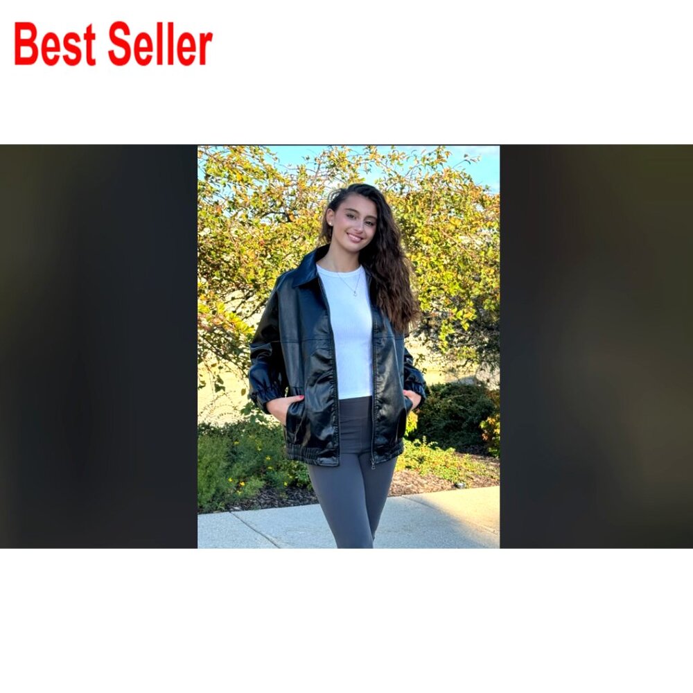 Oversized Faux Leather Bomber Jacket Zip Up Motorcycle Style S-XXL - Picture 7 of 7